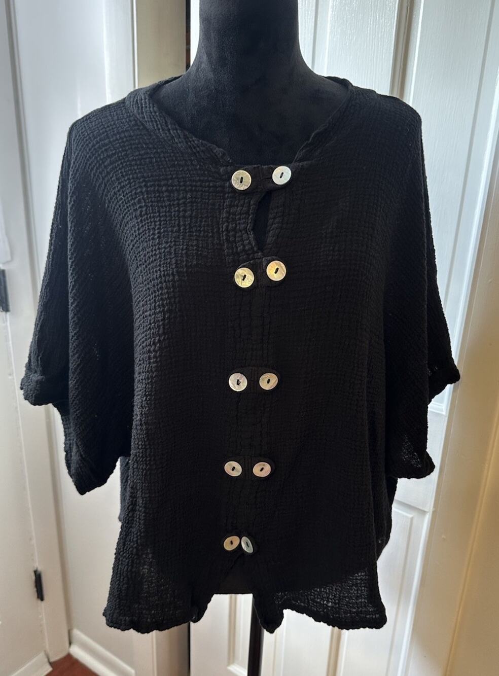 Oh My Gauze Black Cotton Gauze Button Front Oversized Top Boho Lagenlook Resort